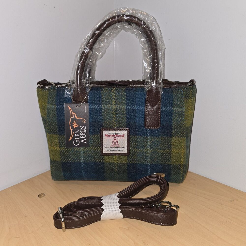 Harris Tweed 'Brora' Small Tote in Blue with Turquoise Overcheck Col 114